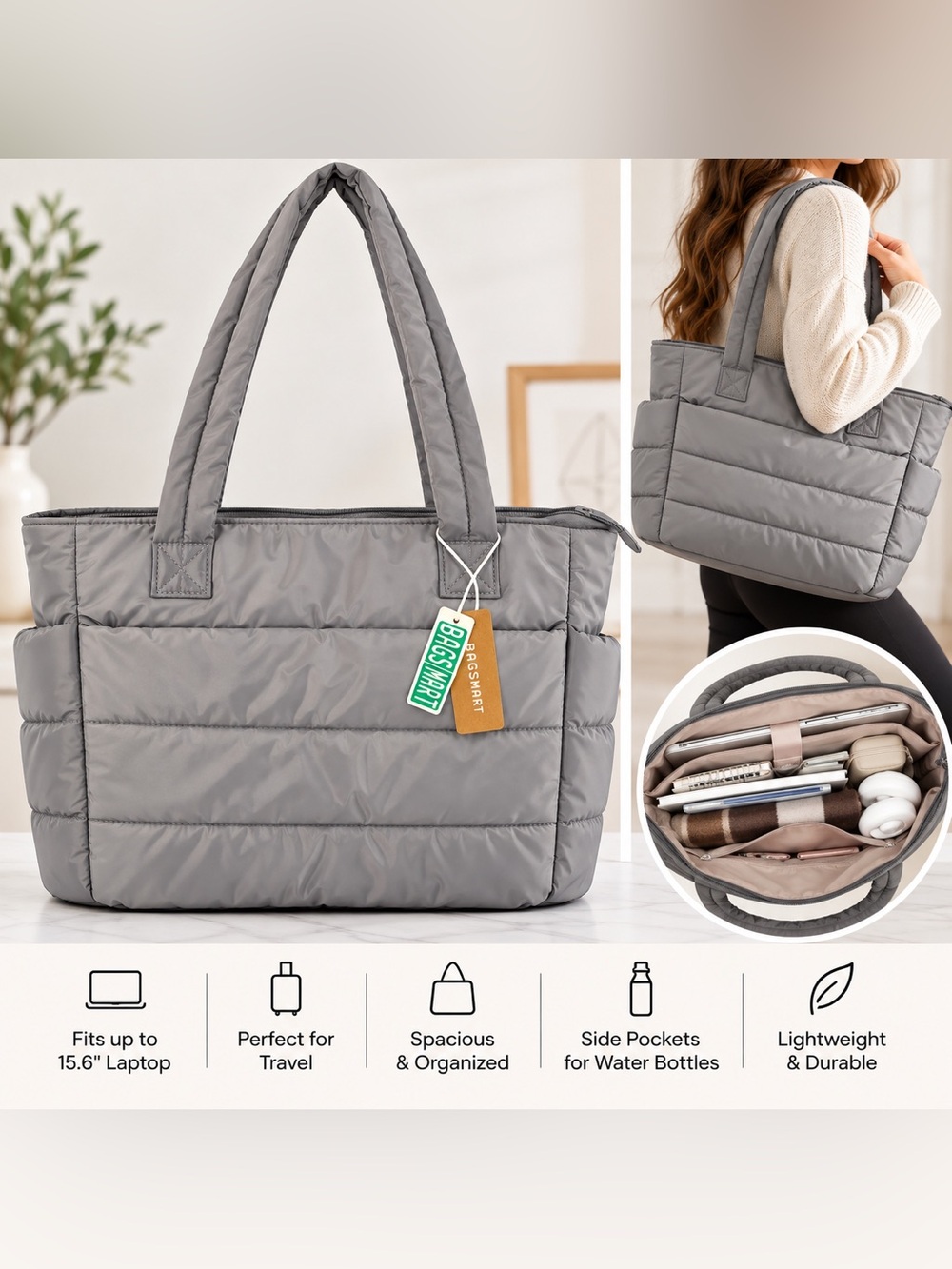 Bagsmart Quilted Travel puffer Tote Bag with Luggage Sleeve & Laptop Compartment